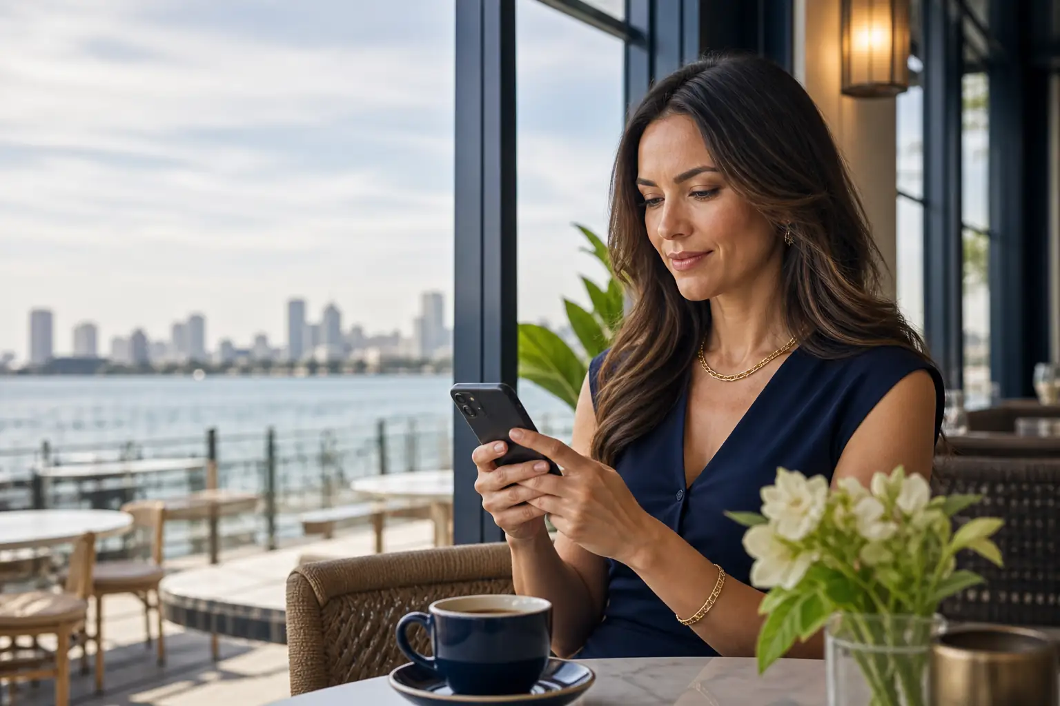 Adult reviewing privacy settings on a phone in a San Diego cafe